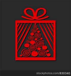 Gift box with red christmas tree on dark background, merry christmas ans happy new year card, stock vector illustration