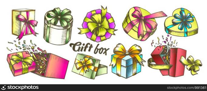 Gift Box With Ribbon Collection Vintage Set Vector. Different Form And Material Present Box. Ornament Festive Package Engraving Template Hand Drawn In Retro Style Color Illustrations. Gift Box With Ribbon Collection Color Set Vector