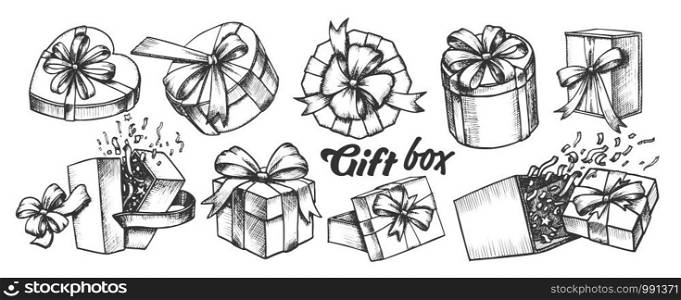 Gift Box With Ribbon Collection Vintage Set Vector. Different Form And Material Present Box. Ornament Festive Package Engraving Template Hand Drawn In Retro Style Monochrome Illustrations. Gift Box With Ribbon Collection Vintage Set Vector