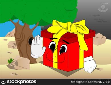 Gift Box with showing deny or refuse hand gesture as a cartoon character. Holiday, Celebration surprise with happy face emotion.