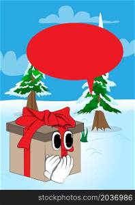 Gift Box with with hands over mouth as a cartoon character. Holiday, Celebration surprise with happy face emotion.