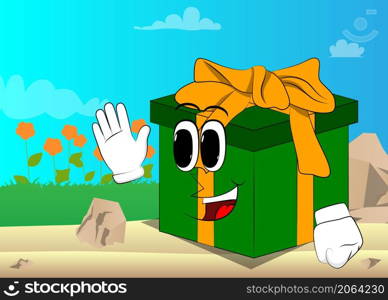 Gift Box with with waving hand as a cartoon character. Holiday, Celebration surprise with happy face emotion.