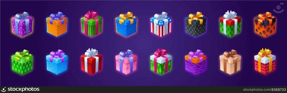 Gift boxes 3d presents in colorful wrapping paper with bows. Bonus, award, birthday surprise. Christmas, Valentine, New Year celebration isolated game graphic elements, Cartoon vector icons set. Gift boxes 3d presents in colorful wrapping paper