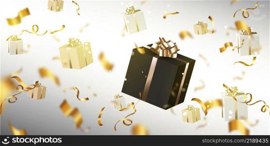 Gift boxes and confetti flying on defocused background. Black and gold presents with golden spiral twisted tinsel, birthday, 3d vector design for Birthday, New Year, Christmas Realistic illustration. Gift boxes and confetti flying on blur background