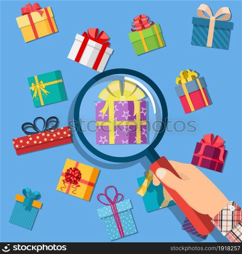 Gift boxes and hand with magnifying glass. Sale, shopping. Present boxes different sizes with bows and ribbons. Collection for birthday and holiday. Vector illustration in flat style. Gift boxes and hand with magnifying glass.