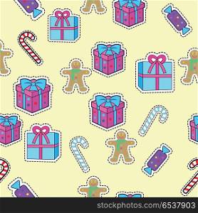 Gift Boxes, Candy Sticks, Gingerbread Boy Seamless. New year gift boxes, candy sticks, gingerbread boy seamless pattern. Christmas elements in simple cartoon design. New Year concept. Wallpaper design endless texture. Vector illustration in flat style