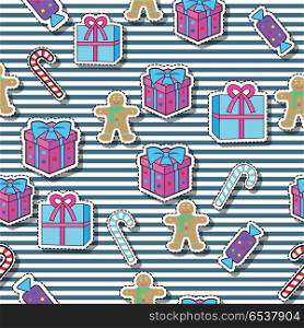 Gift Boxes, Candy Sticks, Gingerbread Boy Seamless. New year gift boxes, candy sticks, gingerbread boy seamless pattern on striped background. Christmas elements in simple cartoon design. New Year concept. Wallpaper design endless texture. Vector