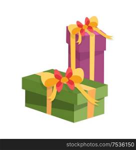 Gift boxes decorated by flower shape bow, packages with surprises inside. Gifts icons isolated vector. Christmas shopping containers or packs, flat style. Gift Boxes Decorated by Flower Shape Bow, Packages
