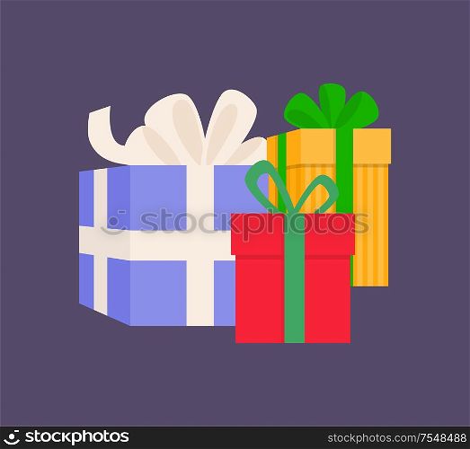 Gift boxes different sizes with stripes wrapped wide ribbon. Holiday colorful square presents with pattern and bow in flat style isolated on purple vector. Gift Boxes Different Sizes with Ribbons Vector