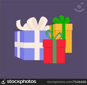 Gift boxes different sizes with stripes wrapped wide ribbon. Holiday colorful square presents with pattern and bow in flat style isolated on purple vector. Gift Boxes Different Sizes with Ribbons Vector