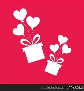 gift boxes flying with heart shape balloons. Love and valentines day concept flat illustration. Vector EPS10.