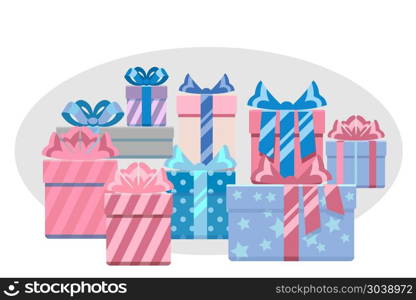 Gift boxes heap vector illustration. Gift boxes heap for holiday christmas and birthday. Vector illustration