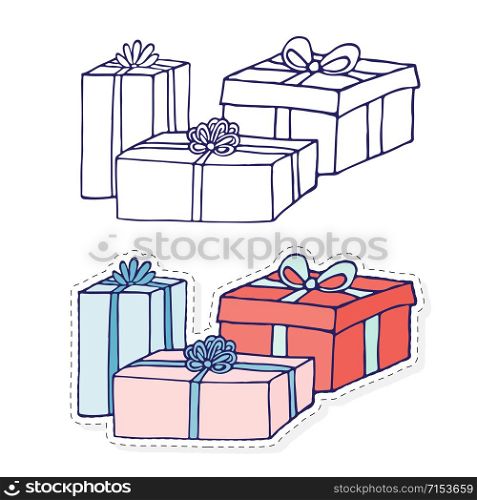 Gift boxes in color and outline. Presents isolated on white. Coloring book page for kids. Celebrate gift box decorations. Gift boxes in color and outline. Presents isolated on white. Coloring book page for kids. Celebrate gift box decorations.
