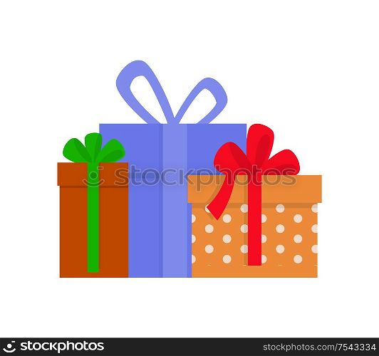 Gift boxes in decorative wrapping with colorful ribbons and bows flowers in flat style. Shadeless packages and present in dotted isolated on white vector. Gift Boxes in Wrapping with Ribbons and Bows Vector