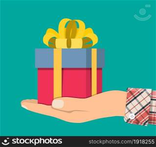 Gift boxes in hand. Colorful wrapped. Sale, shopping. Present boxes different sizes with bows and ribbons. Collection for birthday and holiday. Vector illustration in flat style. Gift boxes in hand. Colorful wrapped.