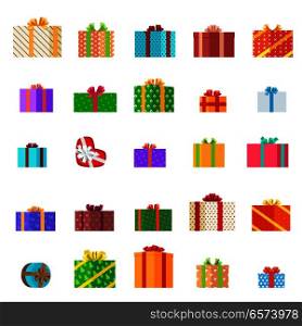 Gift boxes of different shapes and colors on white background . Decorate gifts and choose boxes design for different occasions. Celebrate holidays and exchange presents isolated vector illustration.. Presents Illustration Set. Holiday Collection