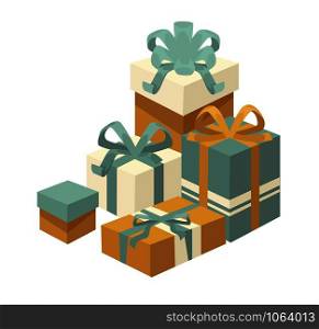 Gift boxes of different shapes and colors set vector. Special occasion tradition of exchanging presents with close people. Containers wrapped in paper with bows, celebration of event, holiday greeting. Gift boxes of different shapes and colors set vector.