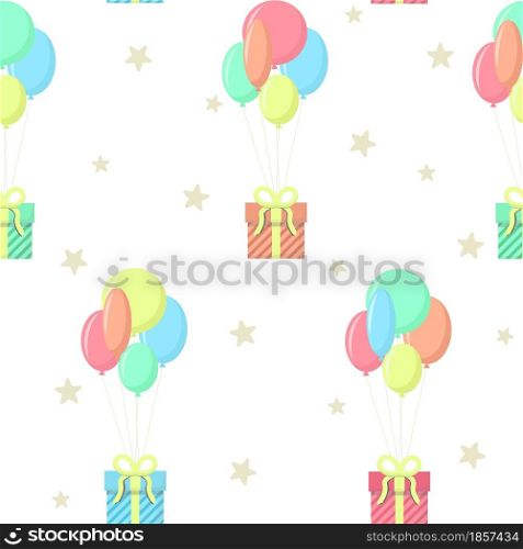 Gift boxes on balloons and stars seamless pattern. Surprise background for birthday or holiday. Template for packaging, fabric, paper or wallpaper.. Gift boxes on balloons and stars seamless pattern.