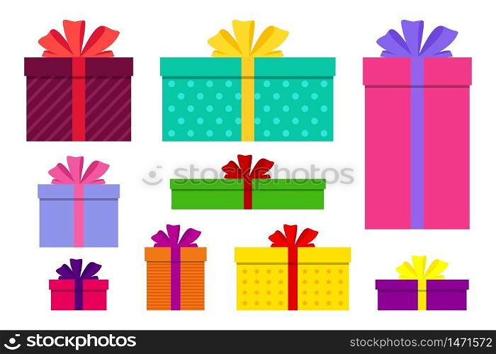 Gift boxes, presents isolated set vector. Flat surprise box with bows on holiday. Set of giftbox, present icon for birthday, christmas, valentine, women&rsquo;s day. Wrap package decoration. vector design. Gift boxes, presents isolated set vector. Flat surprise box with bows on holiday. Set of giftbox, present icon for birthday, christmas, valentine, women&rsquo;s day. Wrap package decoration. vector