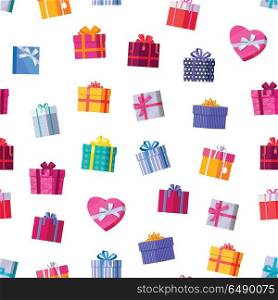 Gift boxes seamless pattern vector in flat design. Presents in various bright, striped, spotted boxes tied color ribbons on white background. Illustration for decoration, event management companies ad. Gift Boxes Seamless Pattern Vector in Flat Design. Gift Boxes Seamless Pattern Vector in Flat Design