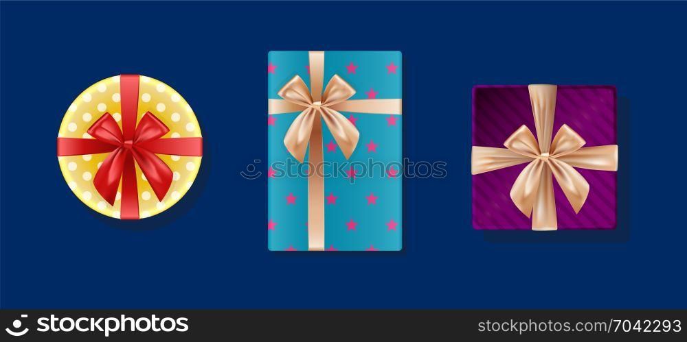 Gift boxes set collection. Top view. Golden and red bow ribbons. Christmas, New Year, birthday, anniversary, holiday boxes. Vector.