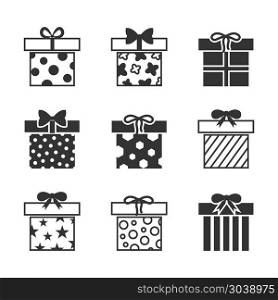 Gift boxes vector icons set in black and white. Gift boxes vector icons set in black and white color. Monochrome box for birthday illustration