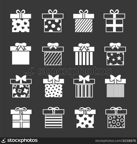 Gift boxes vector icons set in black and white. Gift boxes vector icons set in black and white. Christmas package to celebration illustration