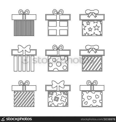 Gift boxes vector icons set in black and white. Gift boxes vector icons set in black and white. Linear style illustration