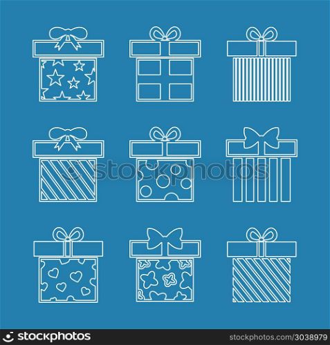 Gift boxes vector icons set in white blue. Gift boxes vector icons set in white blue. Christmas object and xmas event illustration