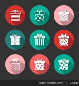 Gift boxes vector icons set over black. Gift boxes isolated in round. Vector icons set over black illustration