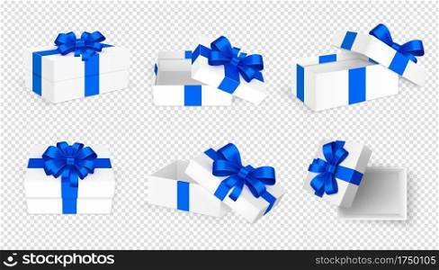 Gift boxes. White open present empty box with blue bow and ribbons. Christmas Birthday Valentine day vector template. Collection of gift box to holiday with blue ribbon. Gift boxes. White open present empty box with blue bow and ribbons. Christmas Birthday Valentine day vector template