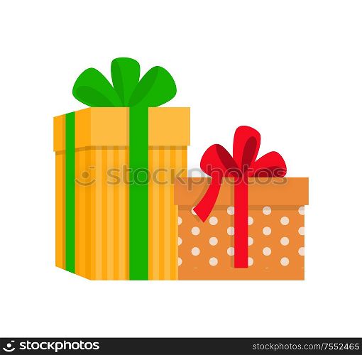 Gift boxes with bow flowers, colorful icons. Flat design Christmas present in stripes pattern, greeting in dotted isolated on white background vector. Gift Boxes with Pattern and Bow Flowers Vector