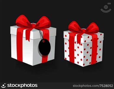 Gift boxes with bows and blank price tag, online shopping icon. Internet commerce, holiday present, sale symbol, wrapped packages vector illustration. Gift Boxes with Blank Price Tag, Online Shopping