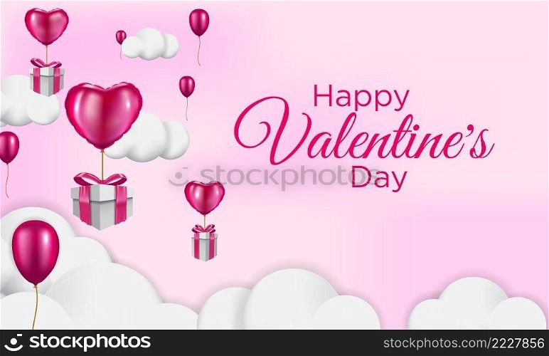Gift boxes with heart balloon floating it the sky, Happy Valentine s Day card, 3d realistic style