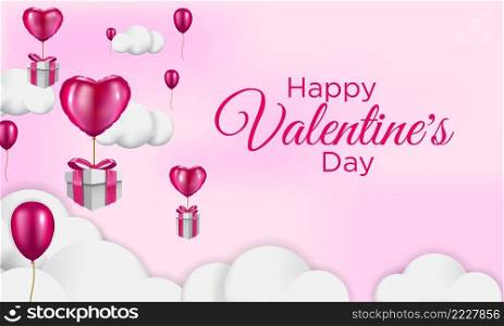 Gift boxes with heart balloon floating it the sky, Happy Valentine s Day card, 3d realistic style