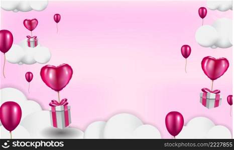 Gift boxes with heart balloon floating it the sky, Valentine s Day background template, 3d realistic style