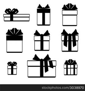 Gift boxes with ribbon bows icons set isolated over white. Gift boxes with ribbon bows icons set isolated over white. Christmas gift box in monichrome style. Vector illustration