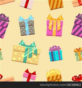 Gift boxes with ribbon bows seamless pattern. Gift boxes with ribbon bows seamless pattern. Holiday christmas wallpaper, vector illustration,