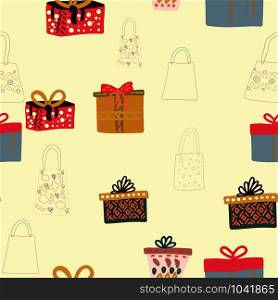 Gift boxes with ribbons and gift bags silhouette seamless pattern on beige background. Web, wrapping paper, background fill.. Gift boxes with ribbons and gift bags silhouette seamless pattern on beige background