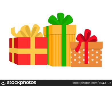 Gift boxes with stripes wrapped wide colorful ribbon and big bow. Holiday bright present with different pattern in flat style isolated on white vector. Bright Presents with Different Pattern Vector