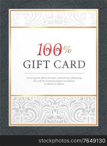 Gift card 100 percent in frame decorated by curly symbols on white. Holiday postcard or poster with pattern. Invitation banner icon with text and decorative elements isolated on black vector. Poster or Postcard 100 Percent with Pattern Vector