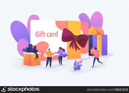 Gift card and promotion strategy, gift voucher, discount coupon and gift certificate concept. Vector isolated concept illustration with tiny people and floral elements. Hero image for website.. Gift card concept vector illustration.
