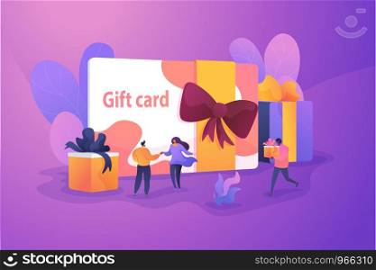 Gift card and promotion strategy, gift voucher, discount coupon and gift certificate concept. Vector isolated concept illustration with tiny people and floral elements. Hero image for website.. Gift card concept vector illustration.