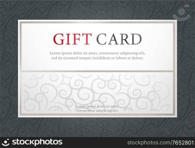Gift card banner, elegant certificate with ornaments and text sample. Discount on paper, voucher or present for special occasion or event. Sale announcement promotion or award. Vector in flat style. Gift Card Banner with Ornaments and Text Present