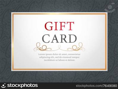 Gift card decorated by curly symbols and text template on white. Holiday postcard or coupon object with colorful lettering. Invitation banner icon with decorative elements and red frame vector. Holiday card with Text and Curly Symbols Vector