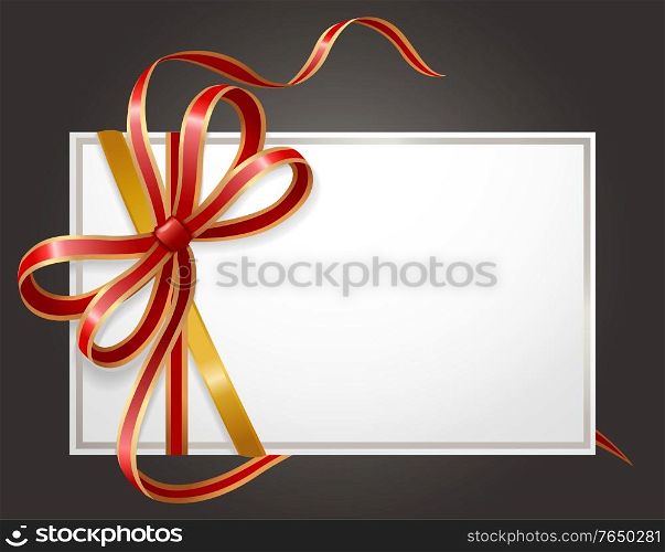 Gift card decorated by glossy ribbon and bow symbols. Empty white postcard with shiny stripes isolated on black. Blank icon in frame with elegant tapes sign, element for holiday greeting vector. Blank Icon with Shiny Ribbon and Bow Sign Vector