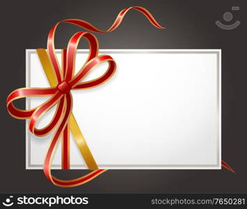 Gift card decorated by glossy ribbon and bow symbols. Empty white postcard with shiny stripes isolated on black. Blank icon in frame with elegant tapes sign, element for holiday greeting vector. Blank Icon with Shiny Ribbon and Bow Sign Vector