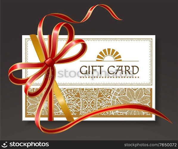 Gift card decorated by ribbon and big bow in red color. Festive postcard with text template and pattern white. Invitation icon or coupon with golden frame and elegant stripes on black. Present voucher. Festive Postcard with Red Ribbon and Bow Vector