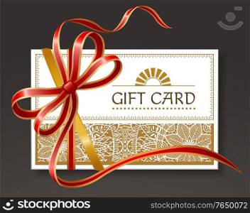 Gift card decorated by ribbon and big bow in red color. Festive postcard with text template and pattern white. Invitation icon or coupon with golden frame and elegant stripes on black. Present voucher. Festive Postcard with Red Ribbon and Bow Vector