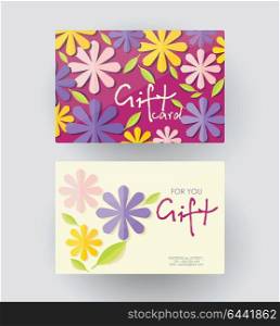 Gift card design template with floral decoration. Name card or business card with the decor of flowers and leaves. Invitation with place for text on a background summer bouquet.